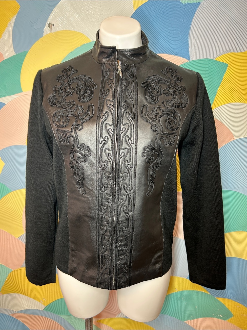 Coldwater Creek Black Embroidered 100% Genuine Leather-Front Jacket sz S